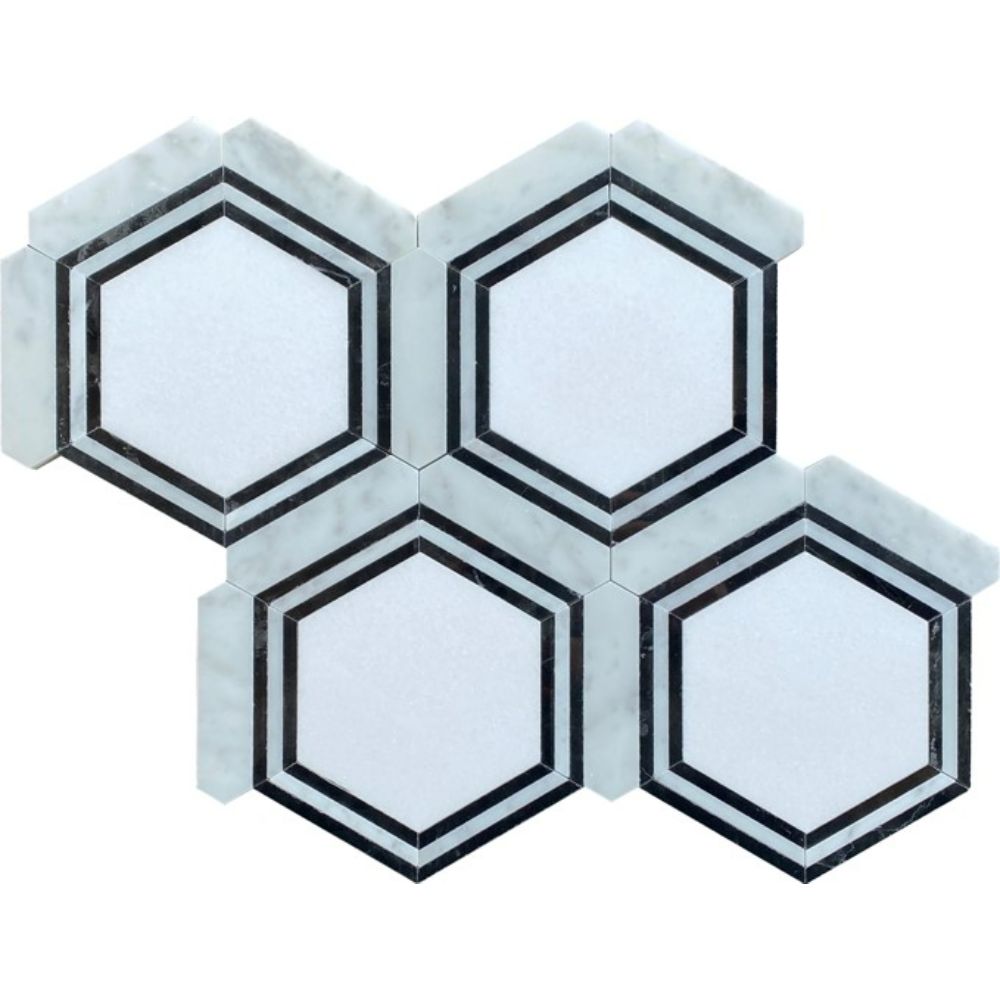 Belluno Designs GEO-THASP Amelia 6.5" x 6" Thassos & Carrara Hexagon Polished Mosaic Wall & Floor Tile 
